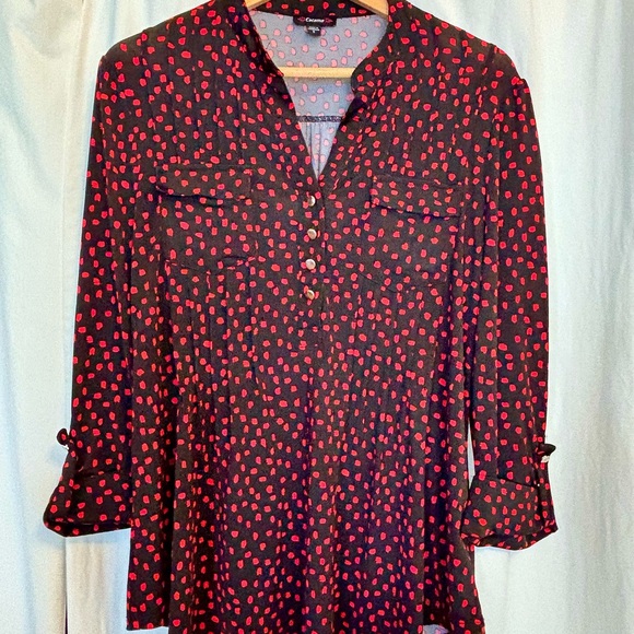 Cocomo Tops - Cocomo Red and Black 3/4 Sleeve Blouse with Mandarin Collar